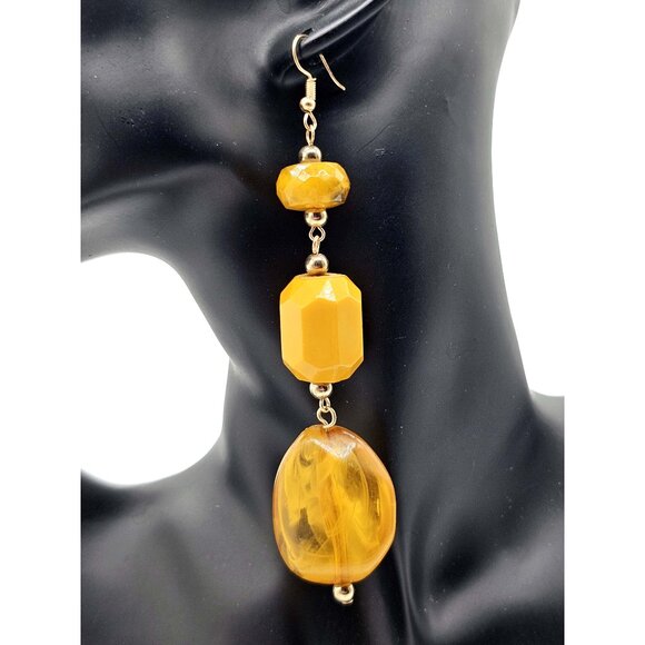 Vintage-Style Long Dangle Earrings – Amber & Mustard Yellow Acrylic Beads - Picture 4 of 7